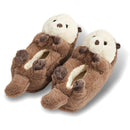 Pair of otter-shaped slippers on a white background