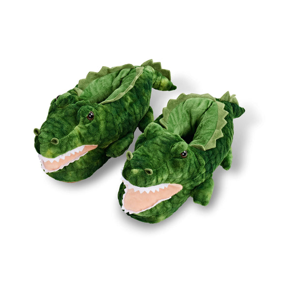 Green alligator-shaped slippers on a white background for kids