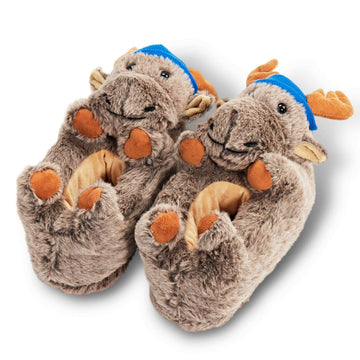 Pair of women's plush slippers with moose design 