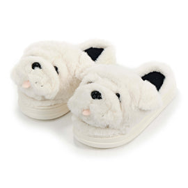 White bulldog slippers with plush ears, pink tongue, and cozy sole—funny dog slippers for women, indoor comfort footwear.