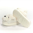 Plush white bulldog slippers with textured grip sole, upright snout, and side-laid pair—funny dog slippers for indoor comfort.