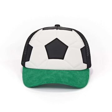 Trucker hat with black and green design on a white background