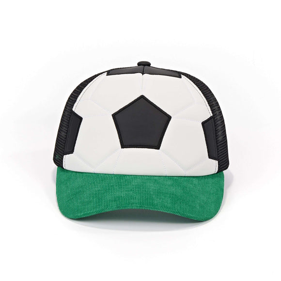 Trucker hat with black and green design on a white background