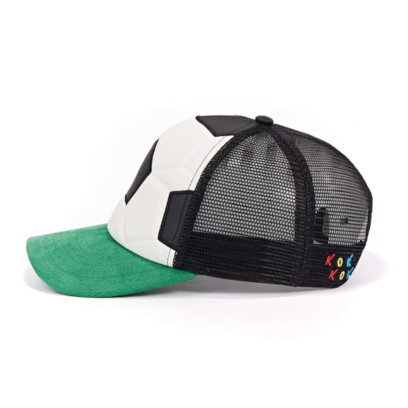 Trucker hat with green brim, black mesh back, and white front panel on a white background