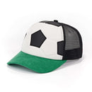 Soccer ball design cap with green brim on a white background