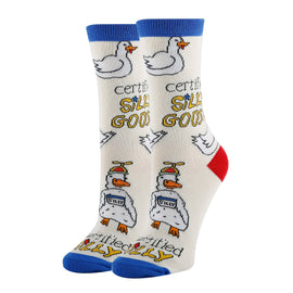 Pair of socks with cartoon ducks and text on a white background