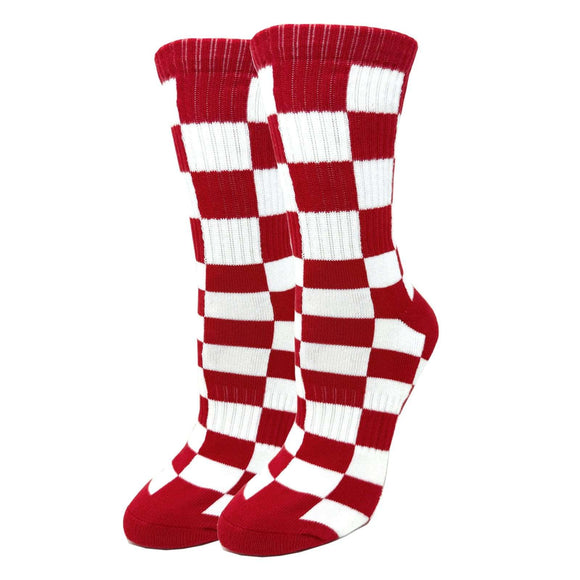 Checker Crimson Socks| Funny Crew Socks for Women